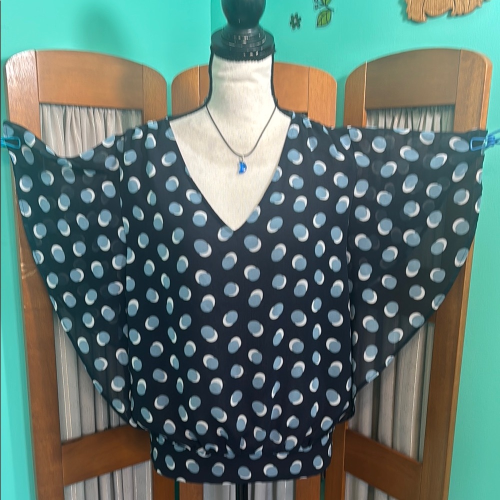 Ann Taylor Factory double Blue polka dot Boxy Dolman Sleeve Blouse